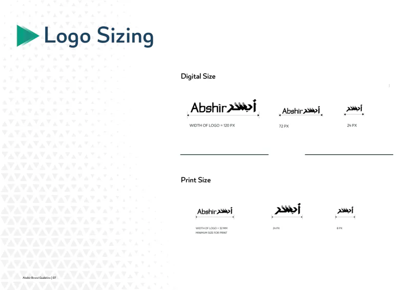 Abshir — Brand Guidelines, plate 8 of 12: Logo Sizing
