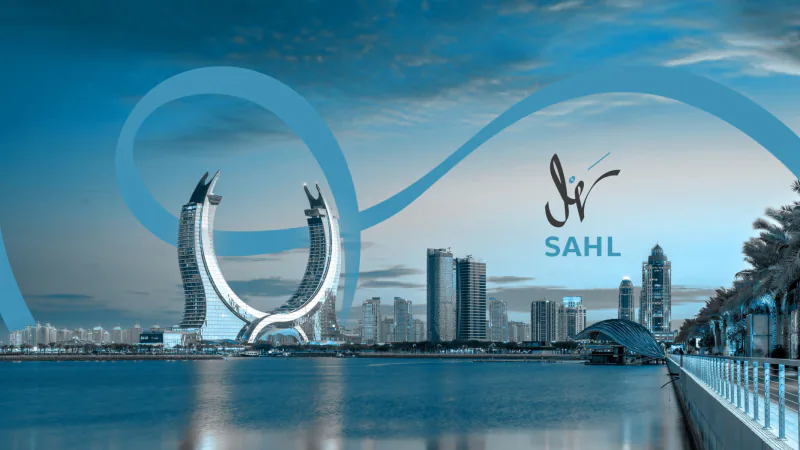 Sahl — Logo Proposal, plate 1 of 11: Cover — the Sahl logo beside a looping blue ribbon over a waterfront skyline