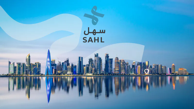 Sahl — Logo Proposal, plate 4 of 11: The Sahl mark and wordmark over a skyline at dusk, a light ribbon above