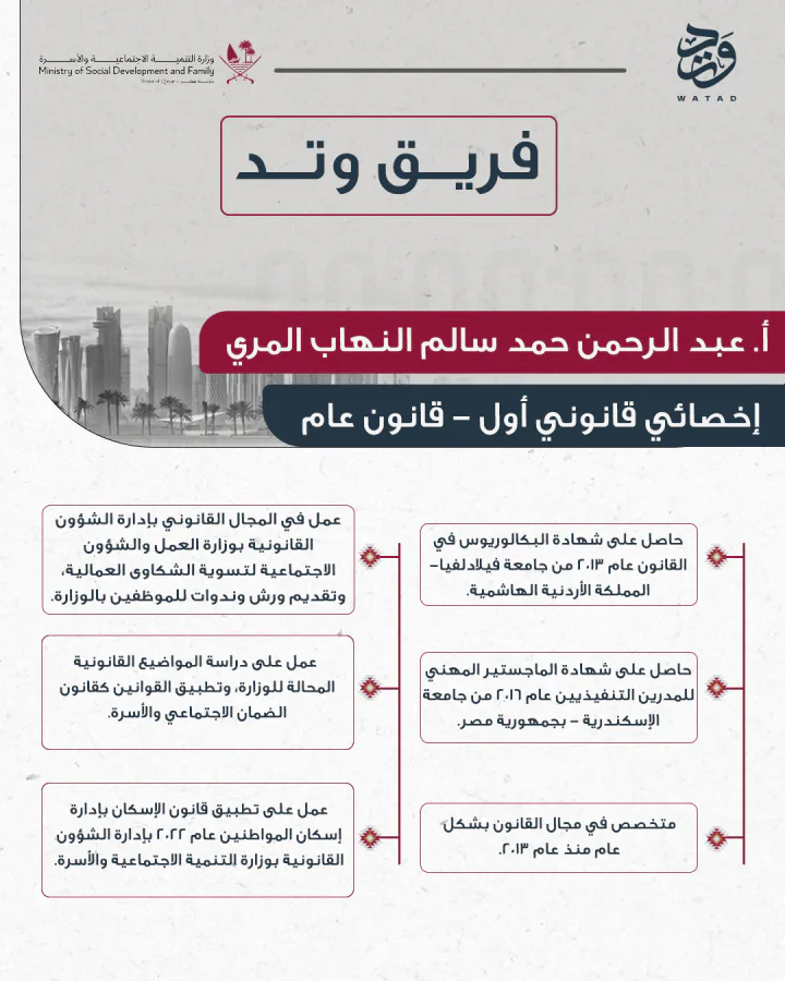 Arabic profile card: a boxed title, a specialist’s name and role on two bars, and credentials in two columns of boxes, with a skyline photograph in the corner