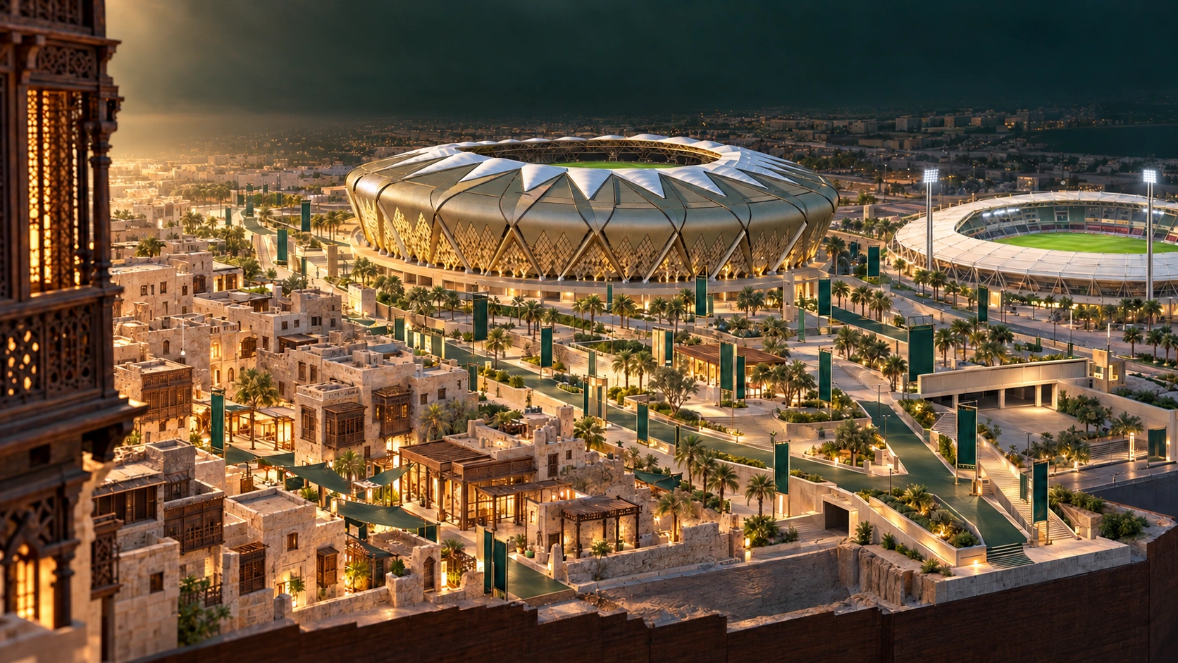An artistic composition of Old Jeddah, Alinma Stadium in the centre and Prince Abdullah Al Faisal on the right