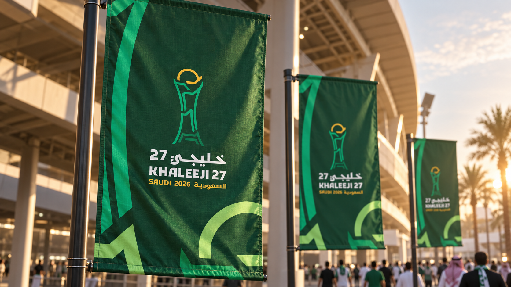 Khaleeji 27 entrance flags visualized with natural fabric and daylight