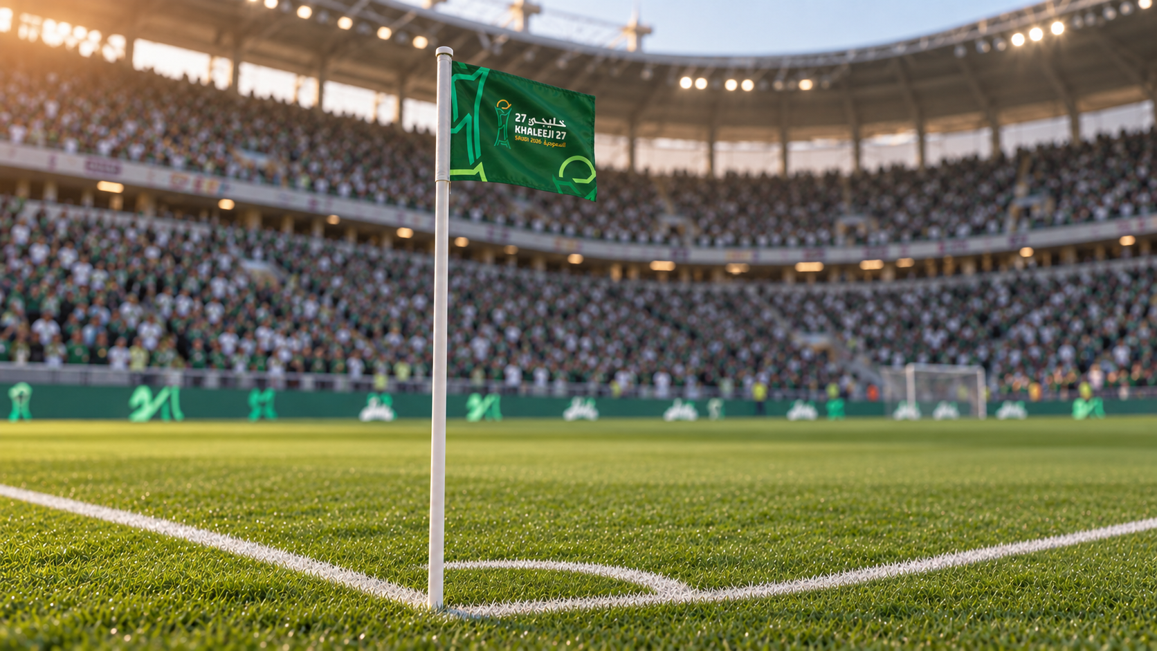 Photorealistic corner flag visualization on a football pitch